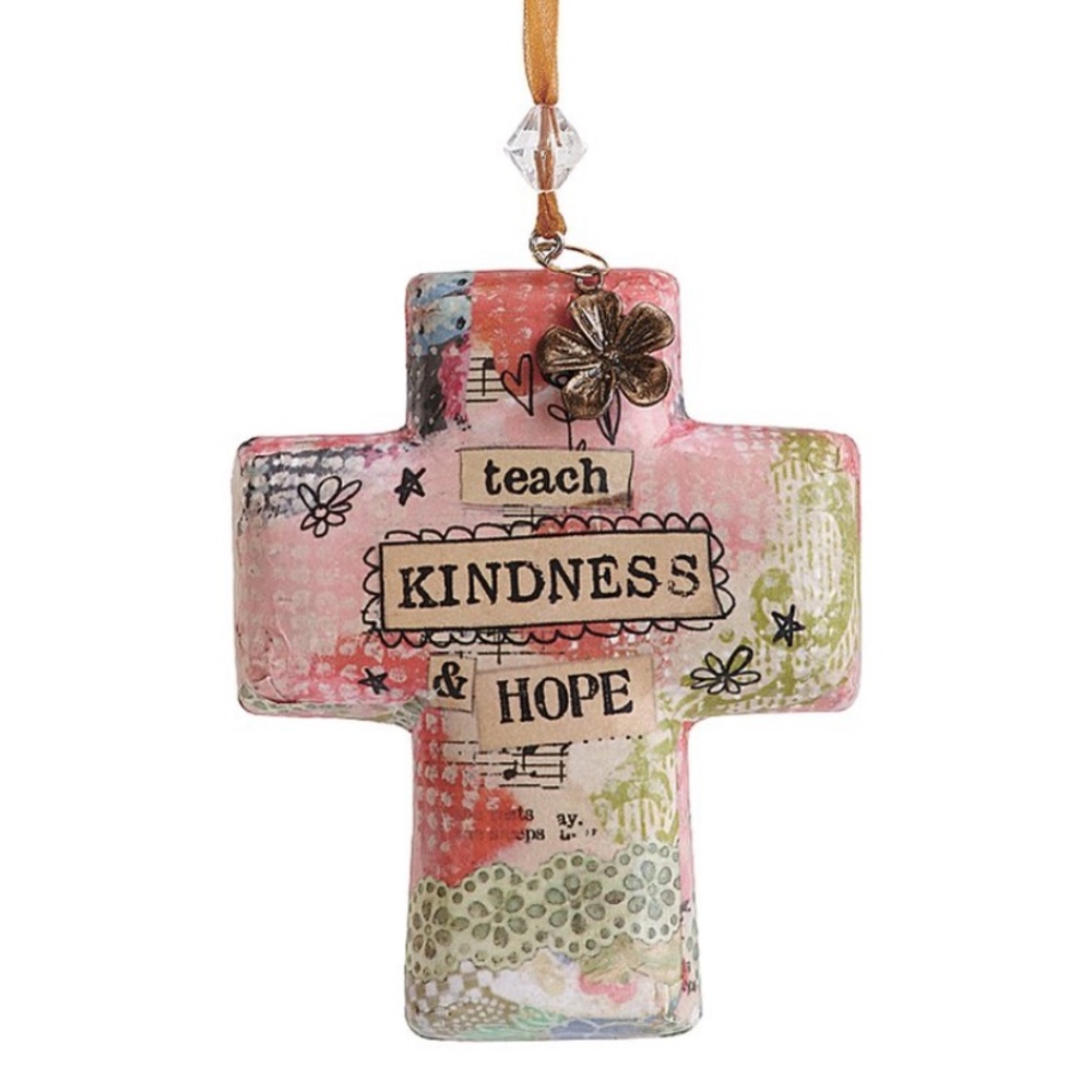 Kelly Rae Roberts Collection-Pink & White Floral 'Teach Kindness' Cross Ornament